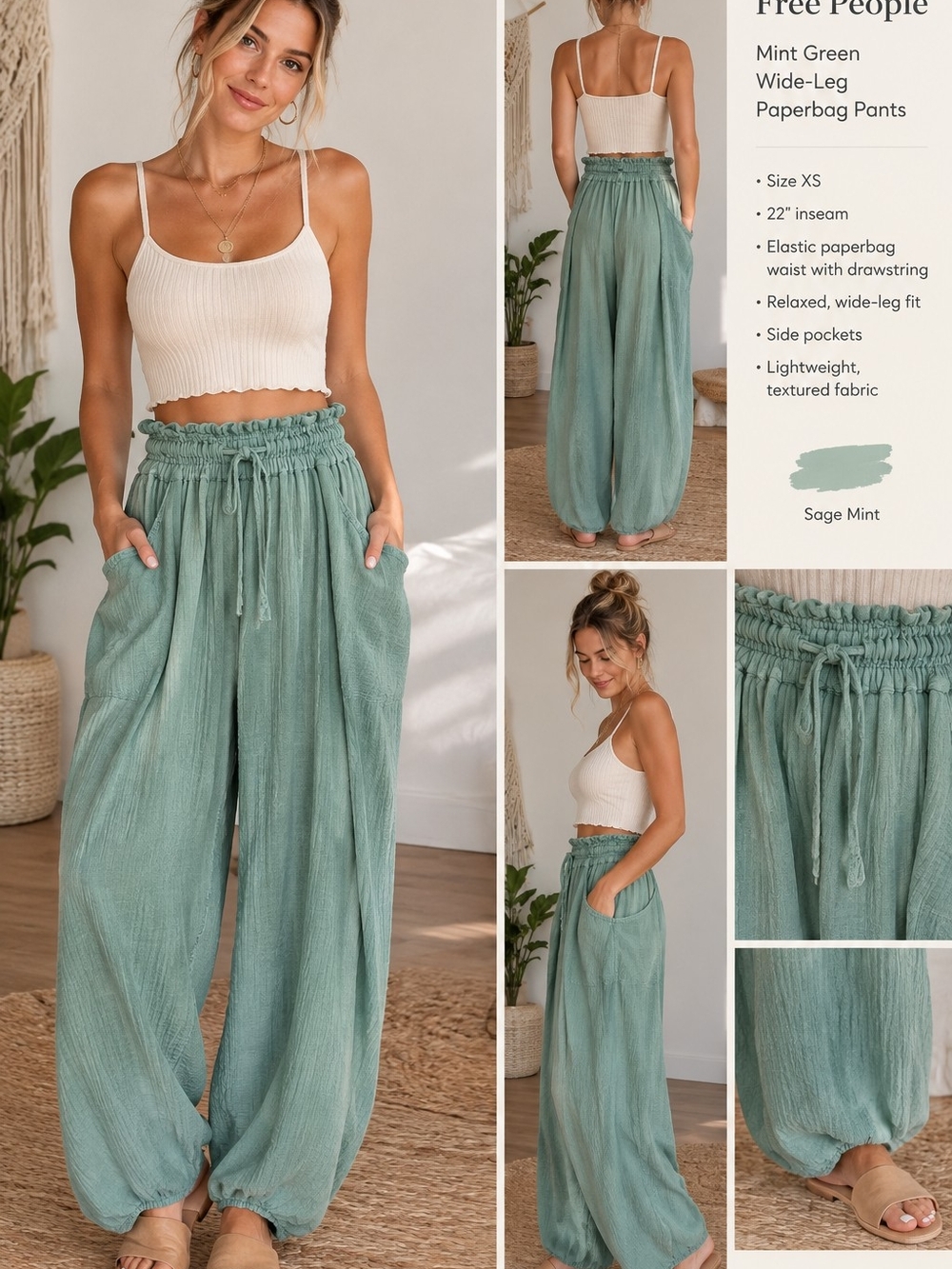 NWT Free People Mint Green Wide-Leg Paperbag Pants